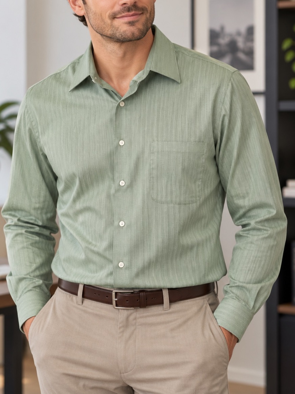 Geoffrey Beene Men’s Large Sage Green Fitted Herringbone Dress Shirt 16 32/33